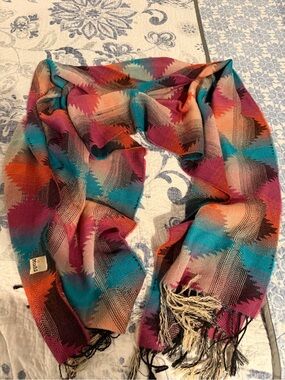 Mudd Multicolor Geometric Fringe Scarf - Teal, Pink, Orange, Cream, Black